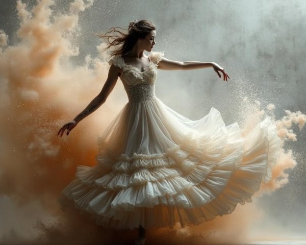 Elegant woman in white dress spinning with orange dust