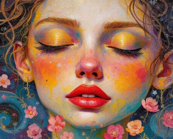 Close-up of a serene young woman among vibrant flowers