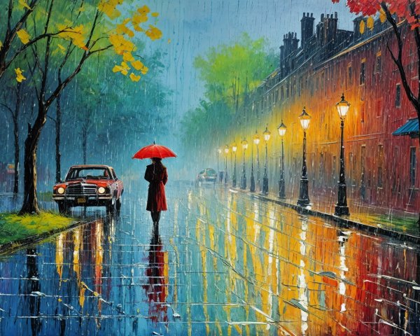 Vibrant Rainy Street Scene in a Charming City