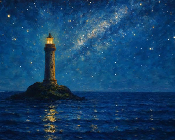 Digital painting of a lighthouse on a rocky island at night