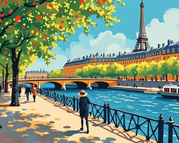Vibrant Paris Scene with Eiffel Tower and Waterfront