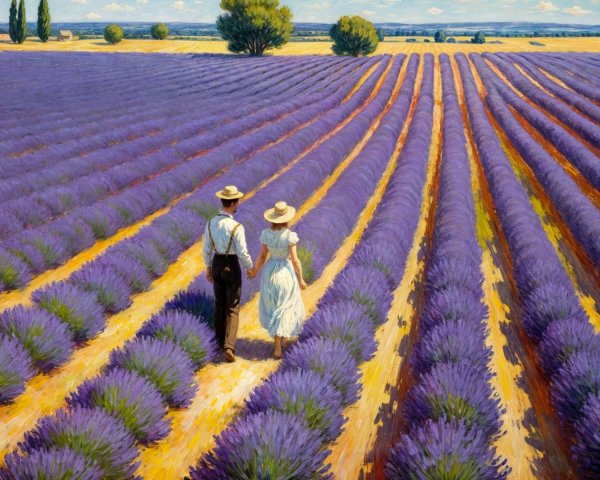 Couple Walking in Lavender Fields Under Blue Sky