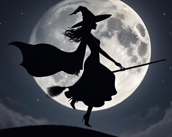 Witch Silhouette Flying on Broomstick Under Full Moon