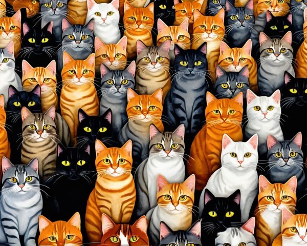 Vibrant Crowd of Colorful Cats with Striking Eyes
