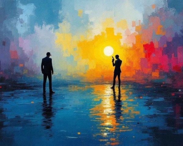 Silhouetted Figures Against Colorful Swirling Background