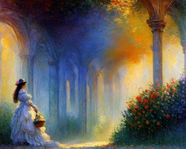 Young Woman in White Dress Amidst Blooming Flowers