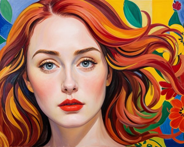 Portrait of a Woman with Red Hair and Colorful Flowers