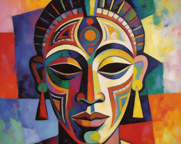 Semi-Abstract Painting of African Mask with Bold Colors