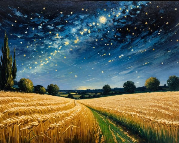 Golden Wheat Field Under Starry Night Sky