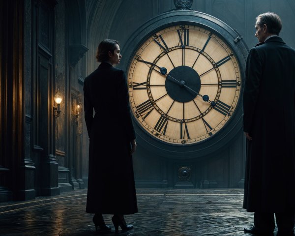 Large Clock in Opulent Hall with Mysterious Figures