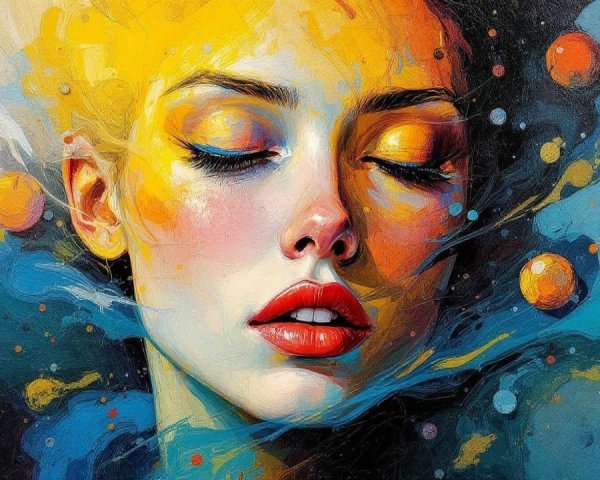 Serene Woman in Vibrant Cosmic Colors and Abstract Spheres