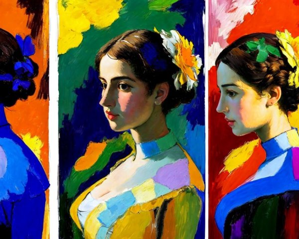 Vibrant Triptych of Young Woman's Colorful Portraits