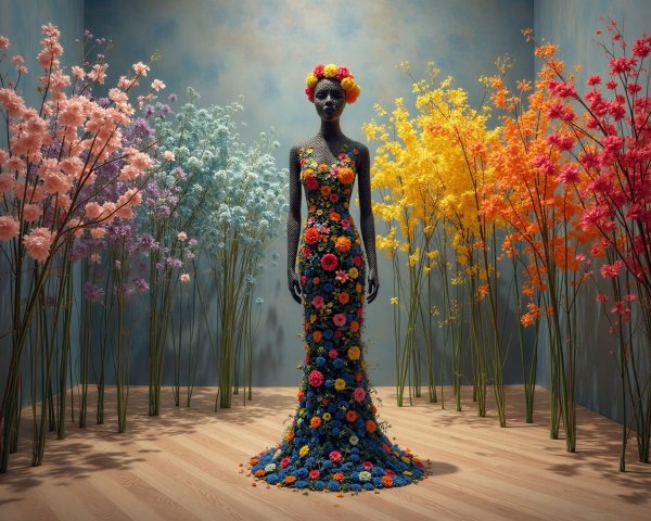 Mannequin Dressed in Colorful Floral Arrangement in Room
