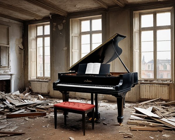 Grand piano in an abandoned, dusty room with sunlight