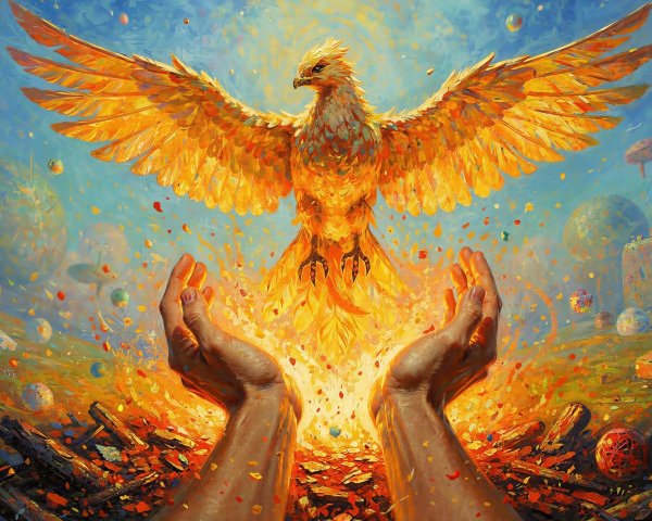 Vibrant Fantasy Painting of a Phoenix Rising from Flames