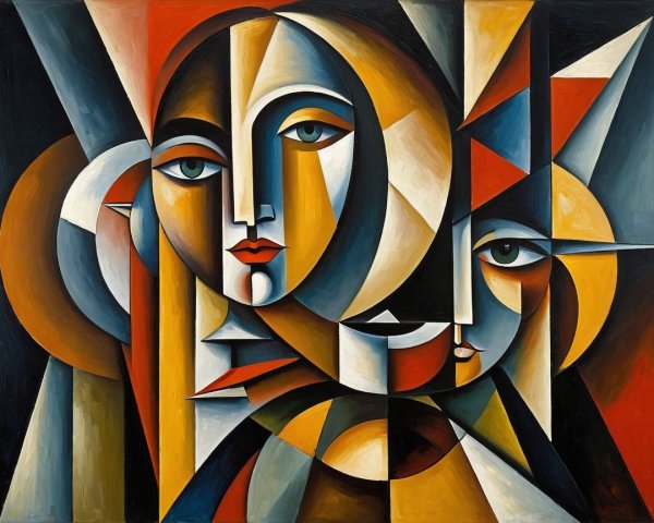 Abstract Composition of Intertwined Faces in Bold Colors