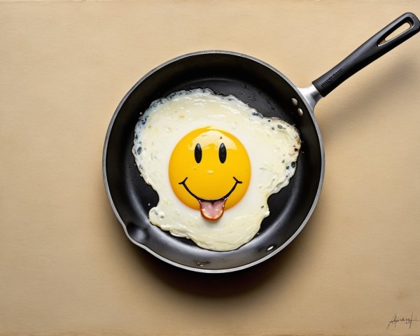 Cartoonish fried egg in skillet with smiling face