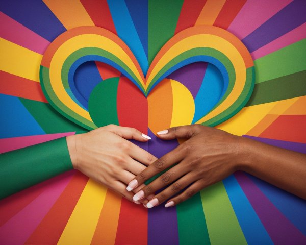 Hands Forming Heart Shape Against Rainbow Background