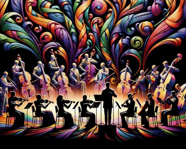 Vibrant Symphony Orchestra with Colorful Backdrop