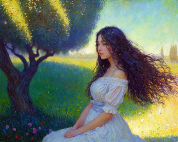 Young Woman in Sunlit Meadow with Vibrant Nature Background