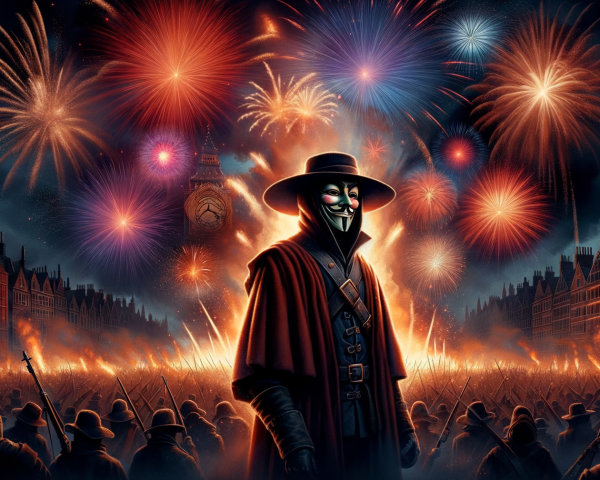Night Scene with Fireworks and Figure in Mask