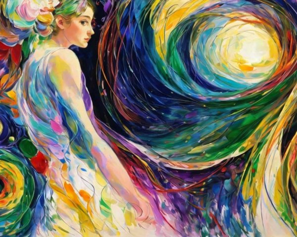 Female Figure in Vortex of Vibrant Colors and Shapes