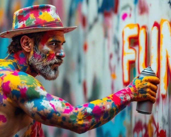 Bearded Man Painting "FUN" in Bold Orange Letters
