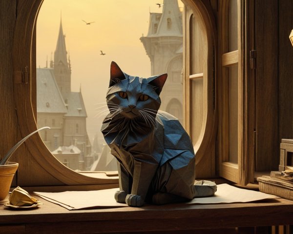 Stylized origami cat on a wooden table with sunset view