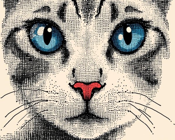 Stylized Cat Face Illustration with Blue Eyes and Dots