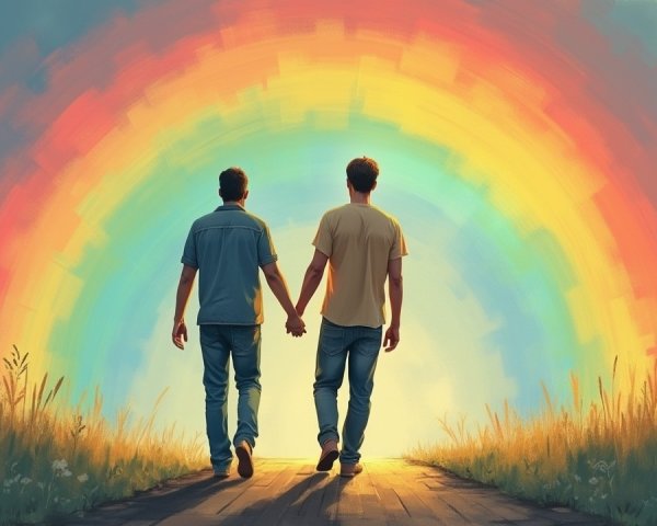 Figures Walking Hand in Hand Under a Rainbow