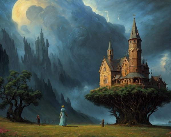 Majestic Castle on a Tree Amidst Cliffs and Clouds