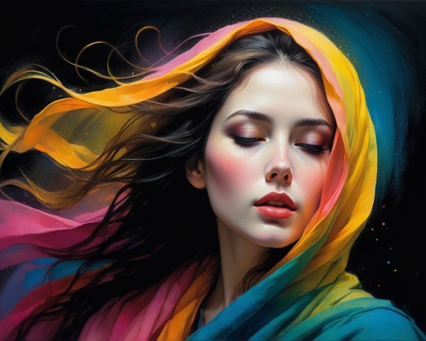 Young Woman Surrounded by Colorful Scarves in Dark Background