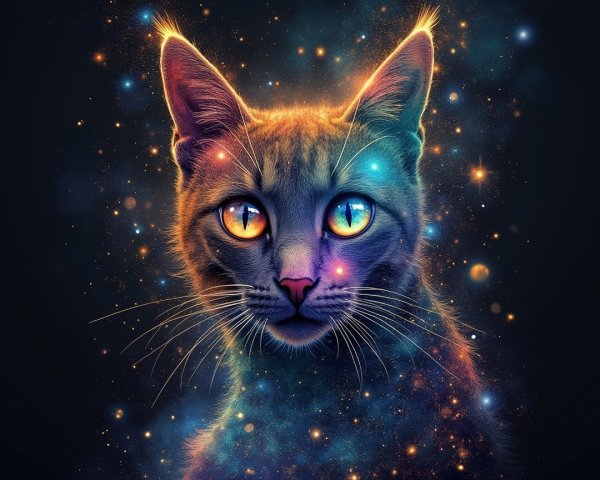 Cat Portrait with Cosmic Background and Vibrant Colors