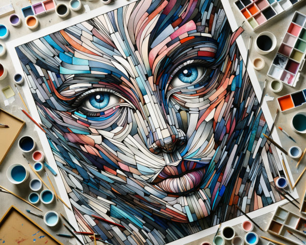 Mixed-Media Artwork with Vibrant Portrait and Supplies