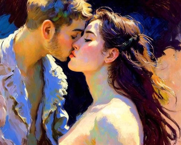 Oil Painting of a Young Couple Kissing Passionately