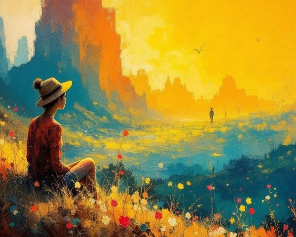 Dreamlike Landscape with Figure in Straw Hat