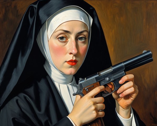 Portrait of a nun with a pistol in dramatic setting