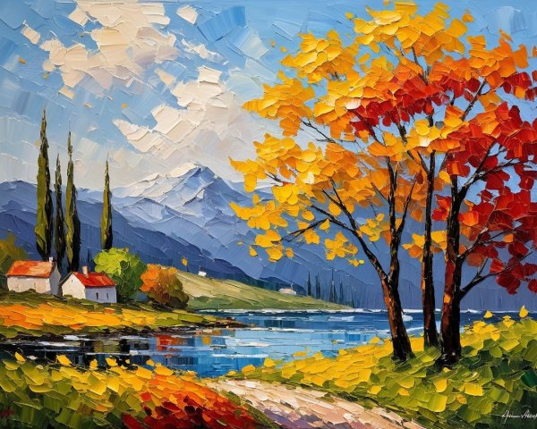 Autumn Landscape with Lake and Colorful Trees