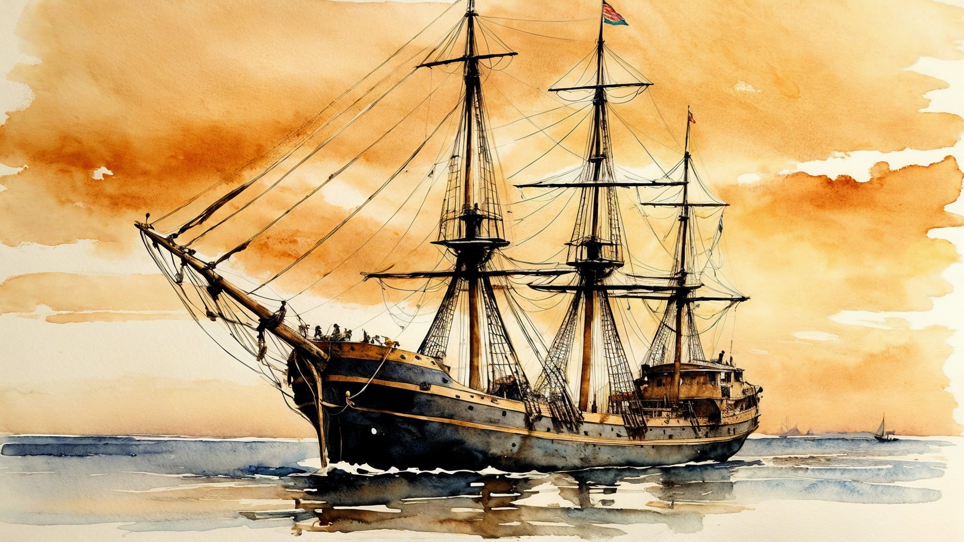 Majestic Sailing Ship Under Sunset in Calm Waters
