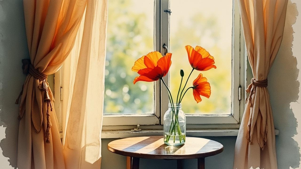 Cozy Interior with Wooden Table and Poppy Flowers