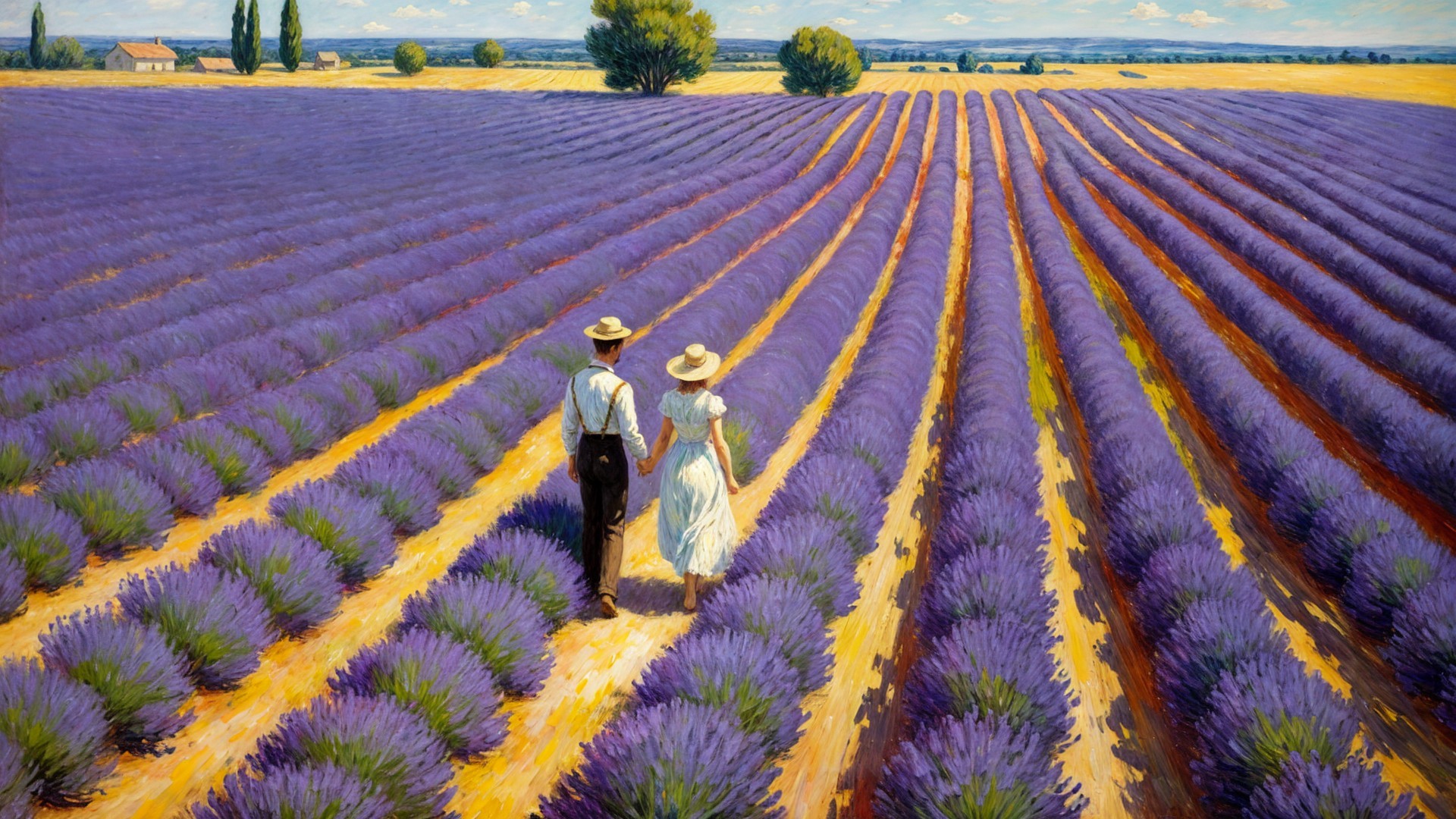 Couple Walking in Lavender Fields Under Blue Sky