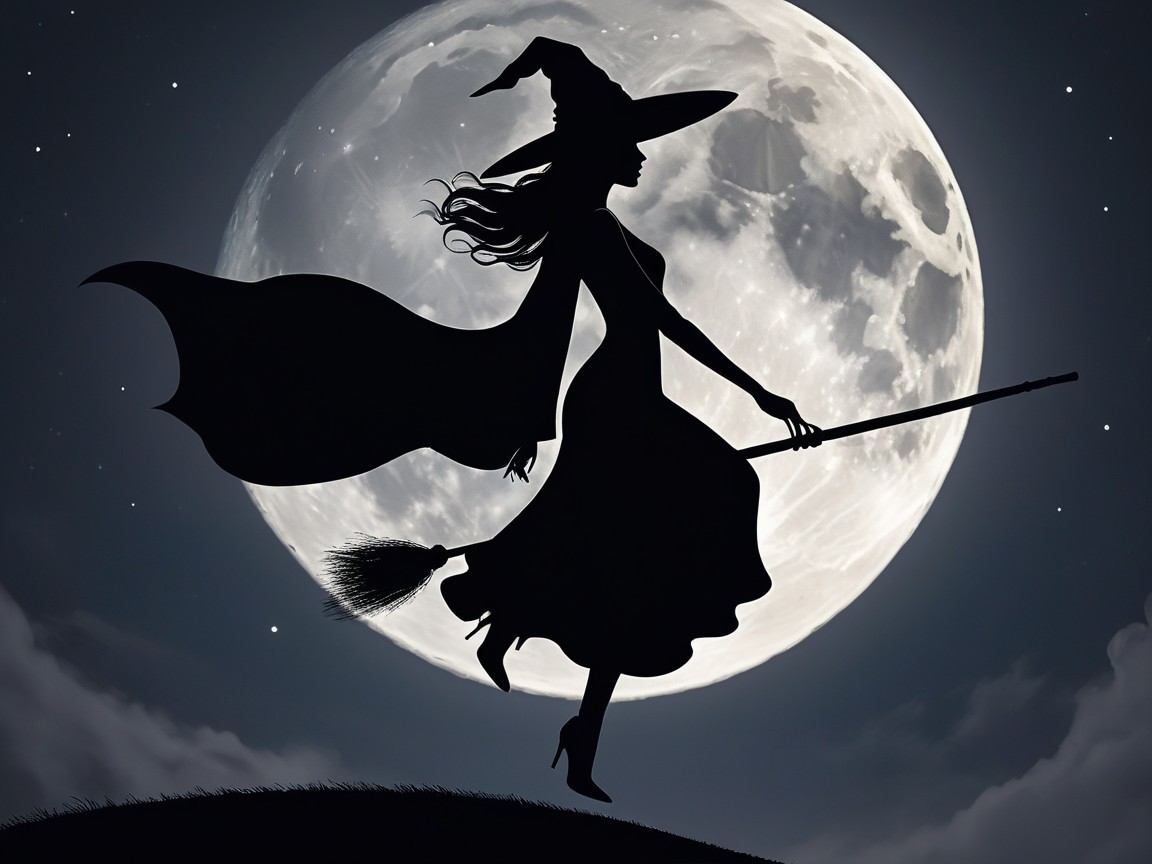 Witch Silhouette Flying on Broomstick Under Full Moon