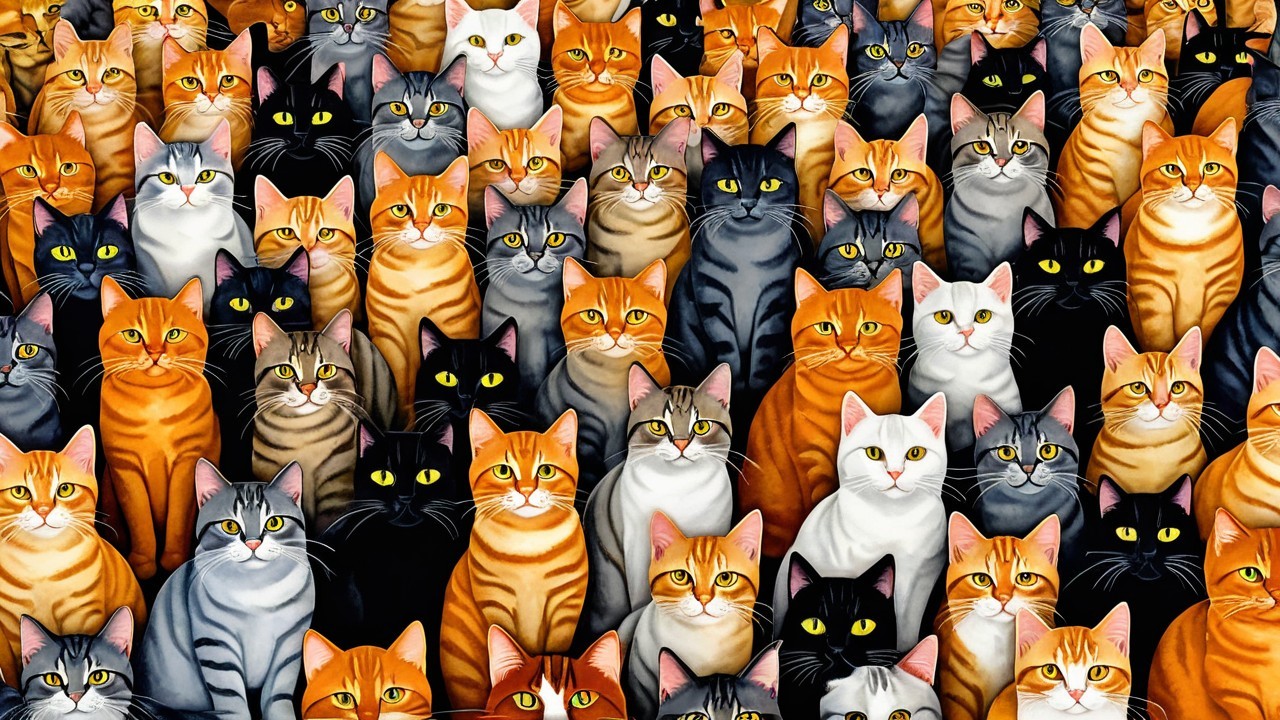 Vibrant Crowd of Colorful Cats with Striking Eyes