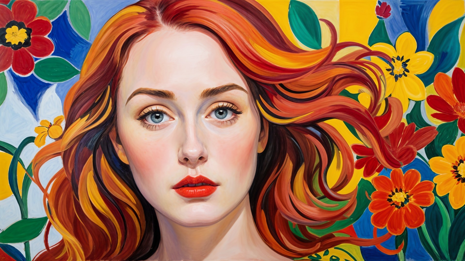 Portrait of a Woman with Red Hair and Colorful Flowers