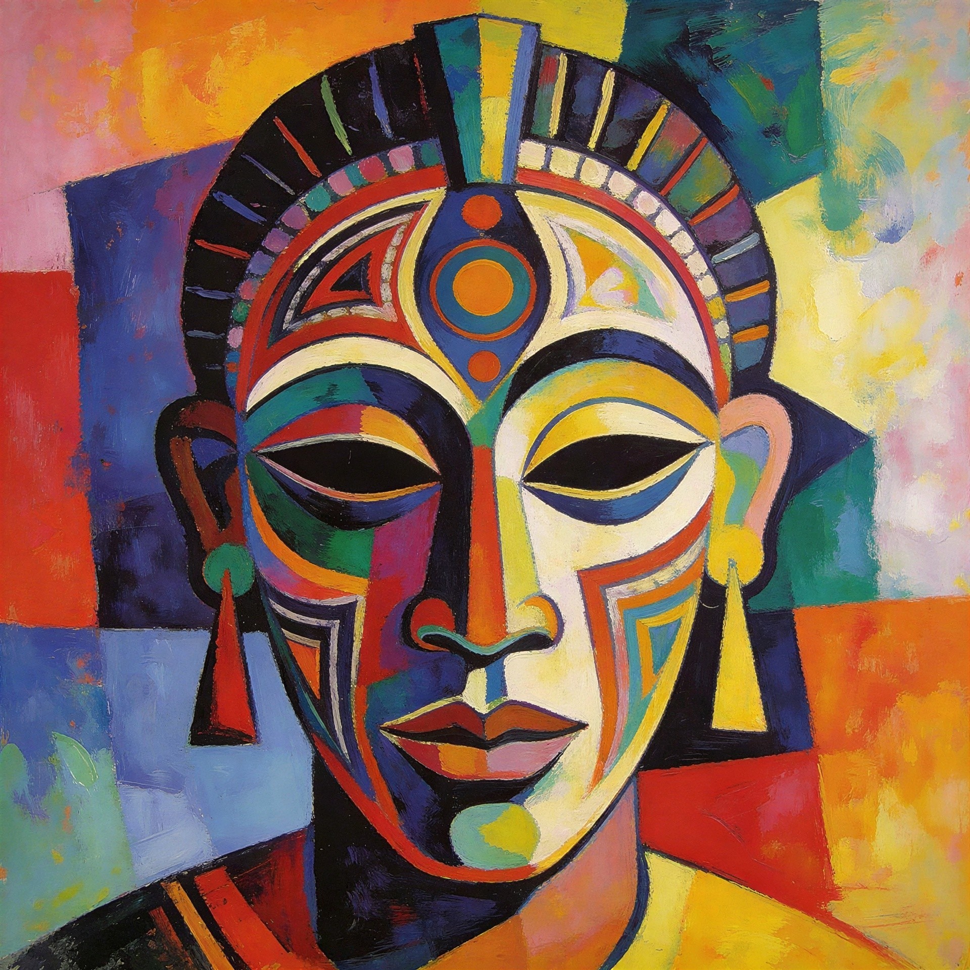 Semi-Abstract Painting of African Mask with Bold Colors