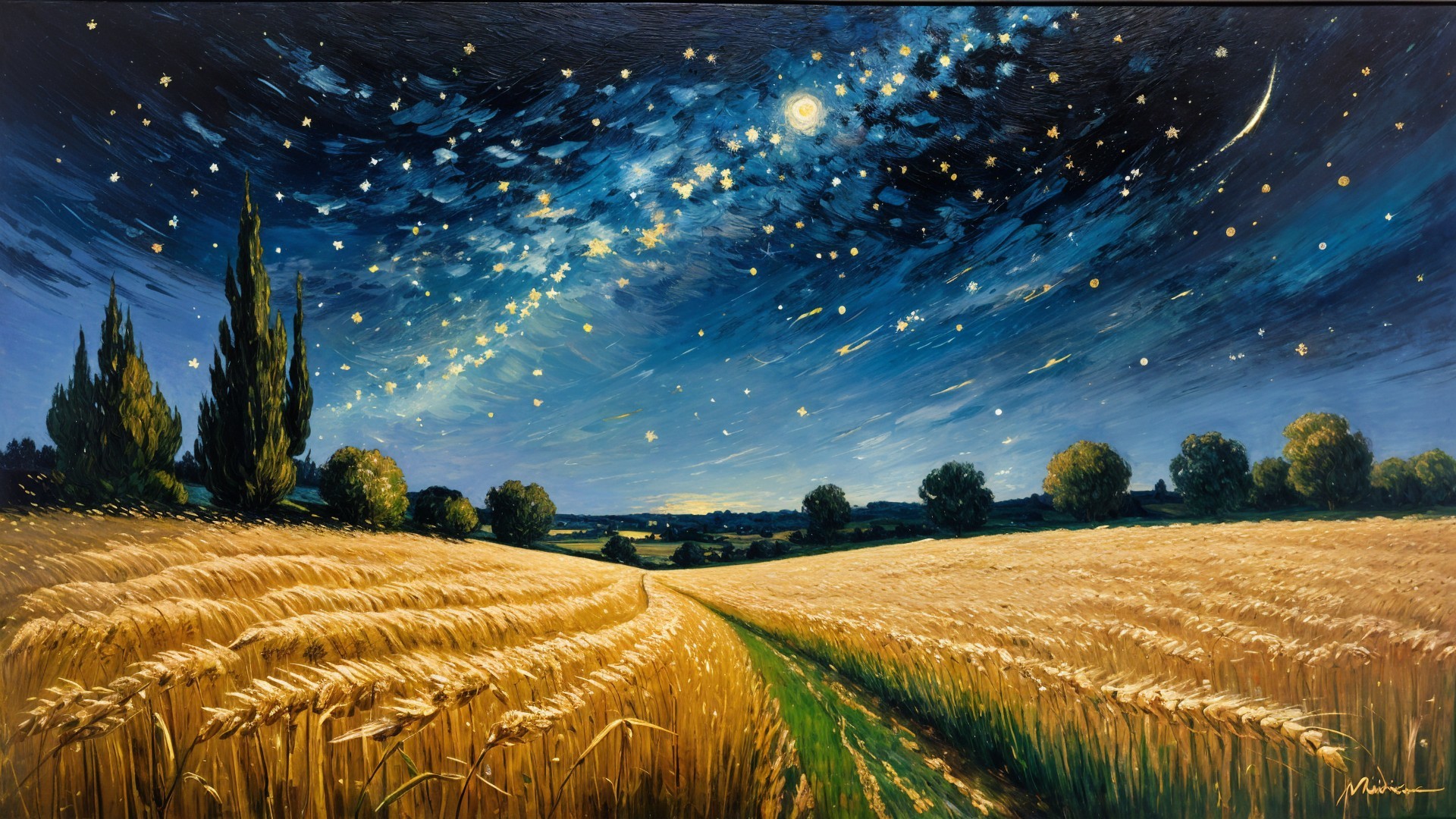 Golden Wheat Field Under Starry Night Sky