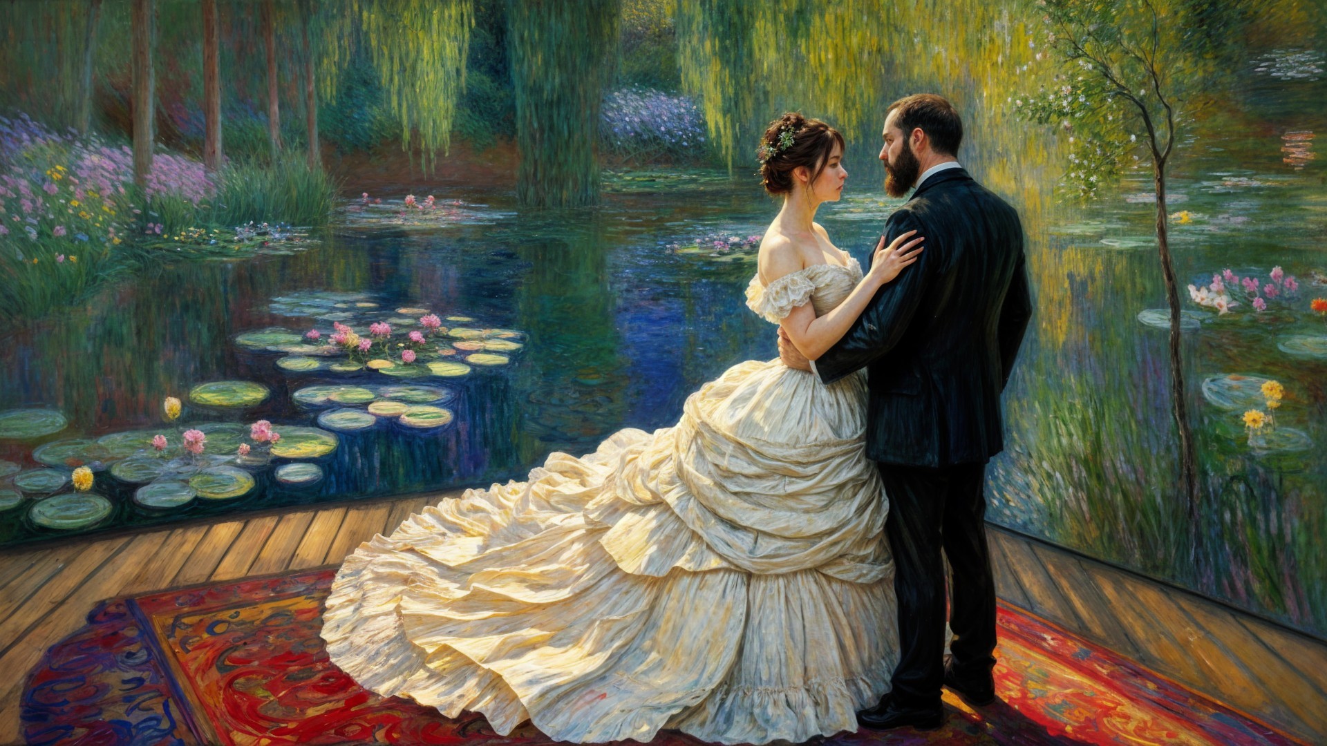 Couple in Elegant Attire on Scenic Wooden Platform