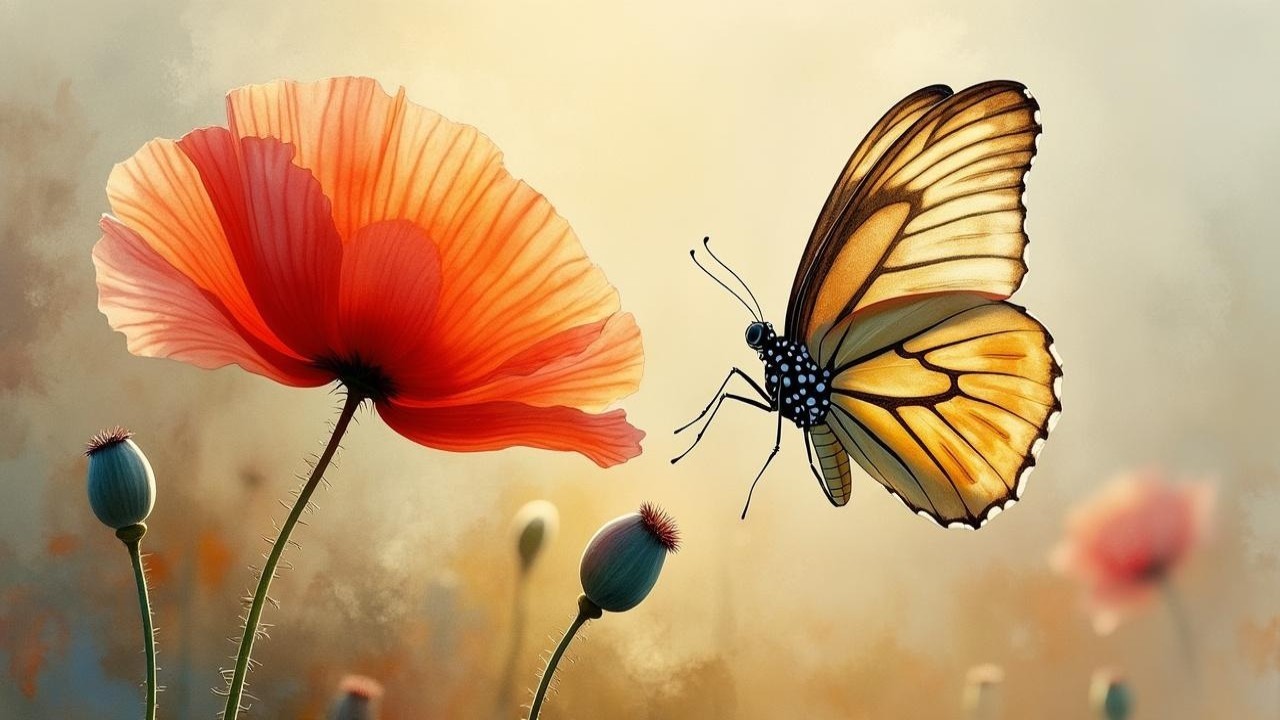 Orange Poppy Flower and Butterfly in Nature Scene