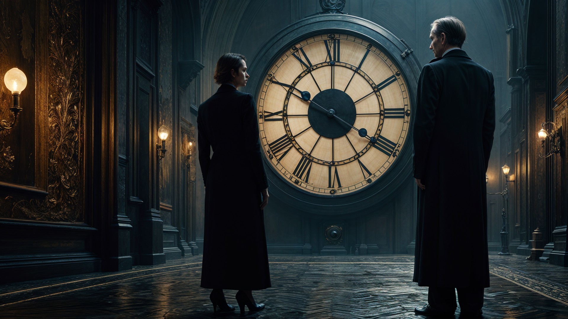 Large Clock in Opulent Hall with Mysterious Figures