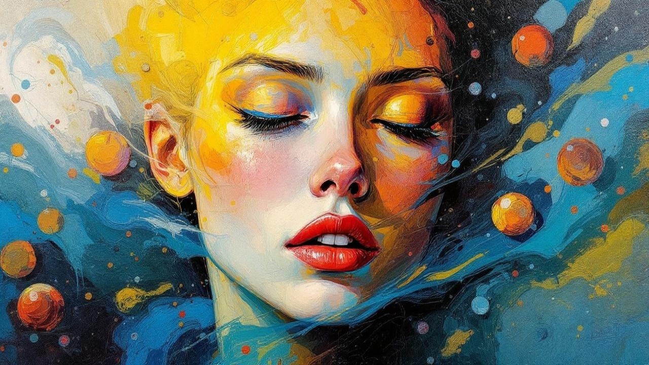 Serene Woman in Vibrant Cosmic Colors and Abstract Spheres